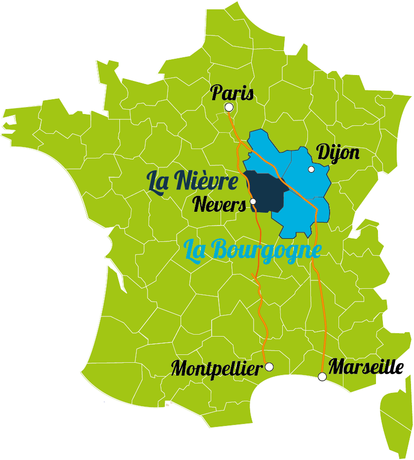Carte de France centrée sur Nevers